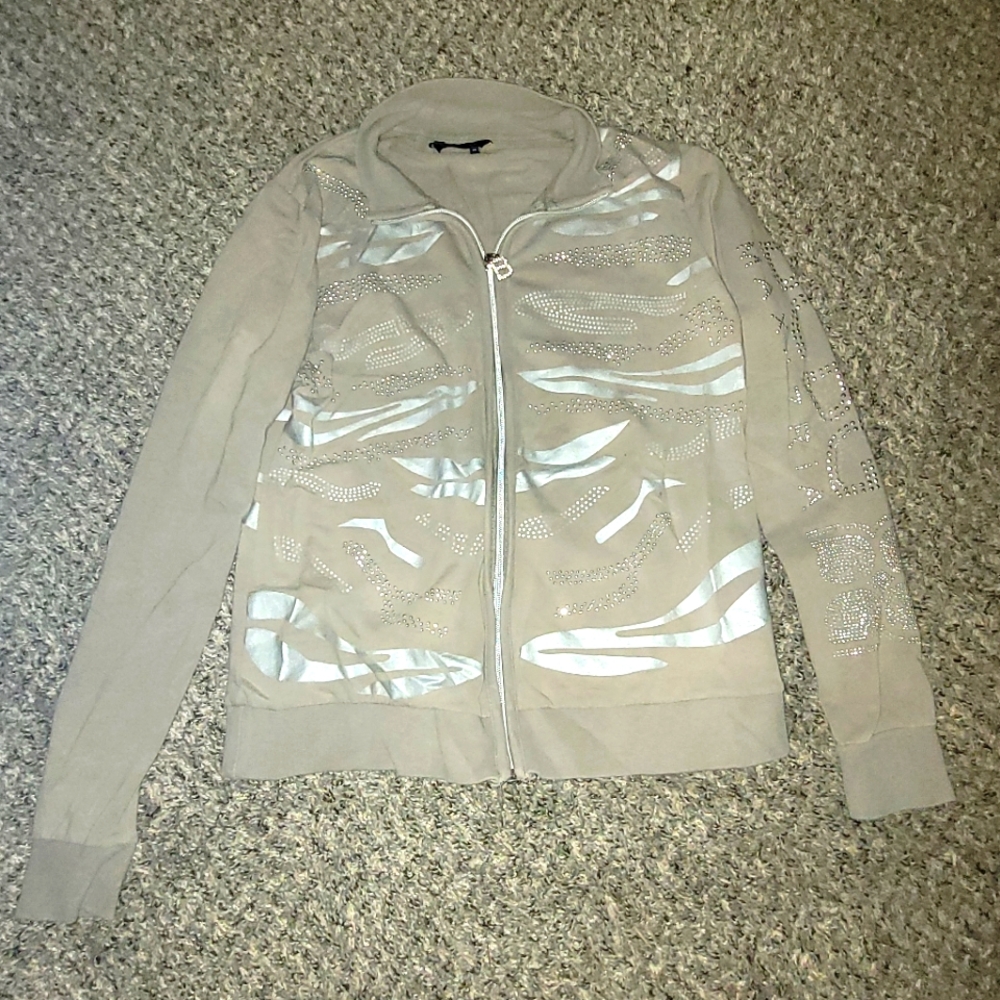 BCBG maxazria  tan zip up graphic rhinestones jacket size medium